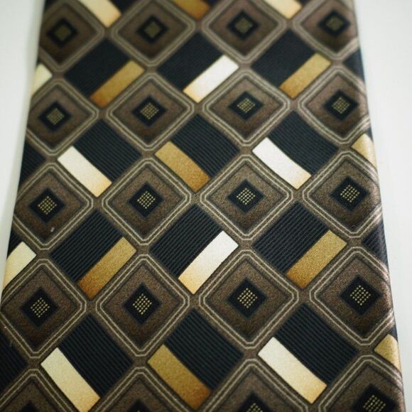 Alexander Julian Colours Black Beige Tan Geometric‎ Print Wide Silk Tie - Picture 2 of 6
